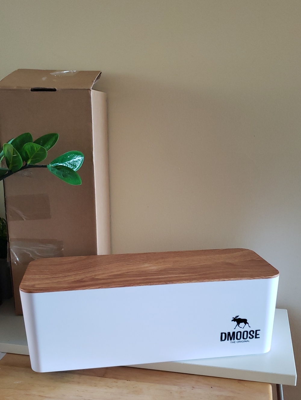 Original DMoose  Cord Cable Management Storage Box - White W/ Faux Woodgrain Lid